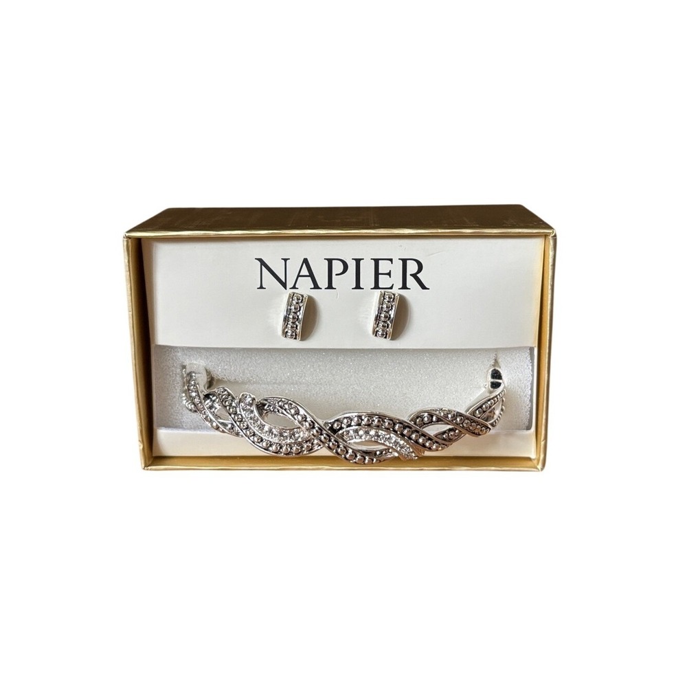 Napier Costume Rhinestone Ribbon Handle Bracelet Cuff & Earrings Prom GIFT NEW